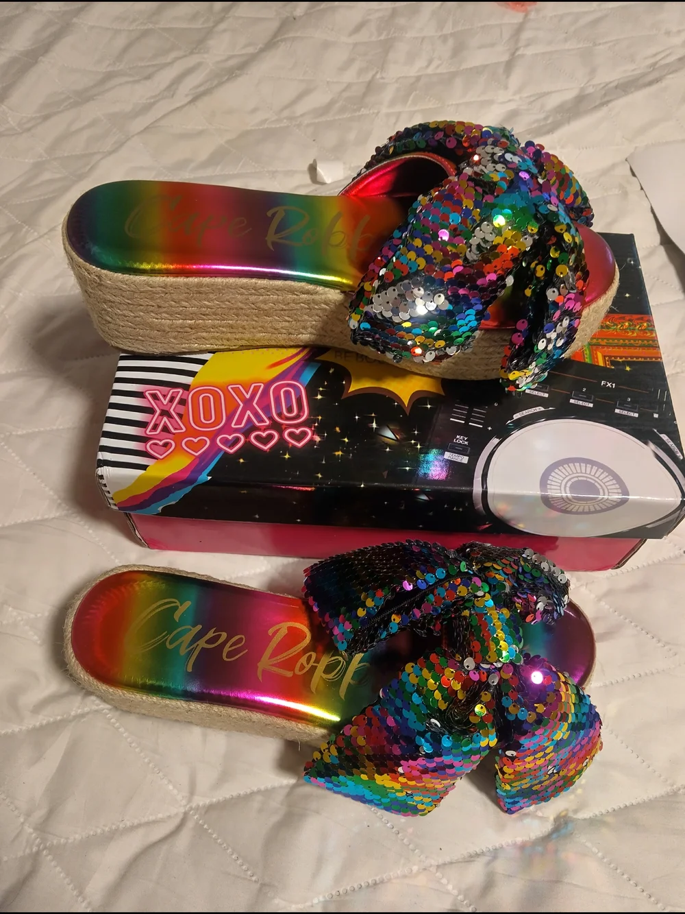 Cape Robbin Rainbow Sequin Bow Espadrille Slide - Multicolor